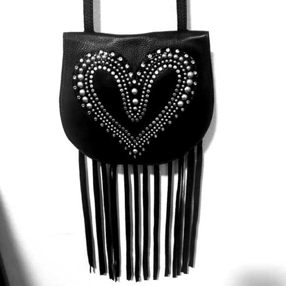 LEATHEROCK Rhinestone Studded Heart BLK Ltr Messenger-NWOT - Picture 4 of 9